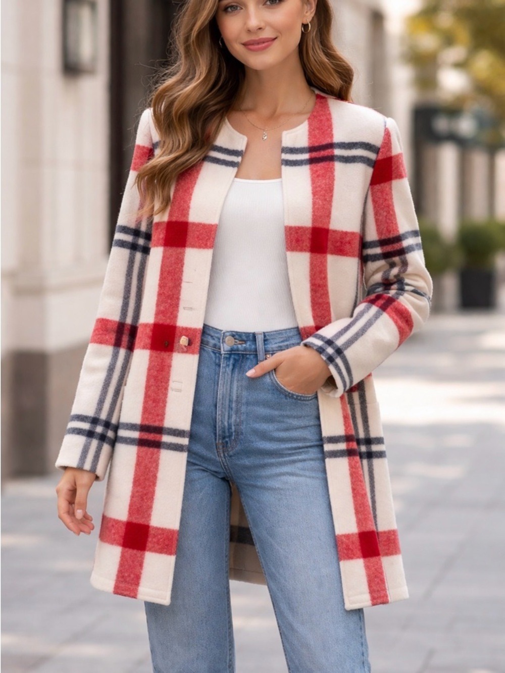 Cynthia Rowley Cream Plaid Open-Front wool blend coat medium